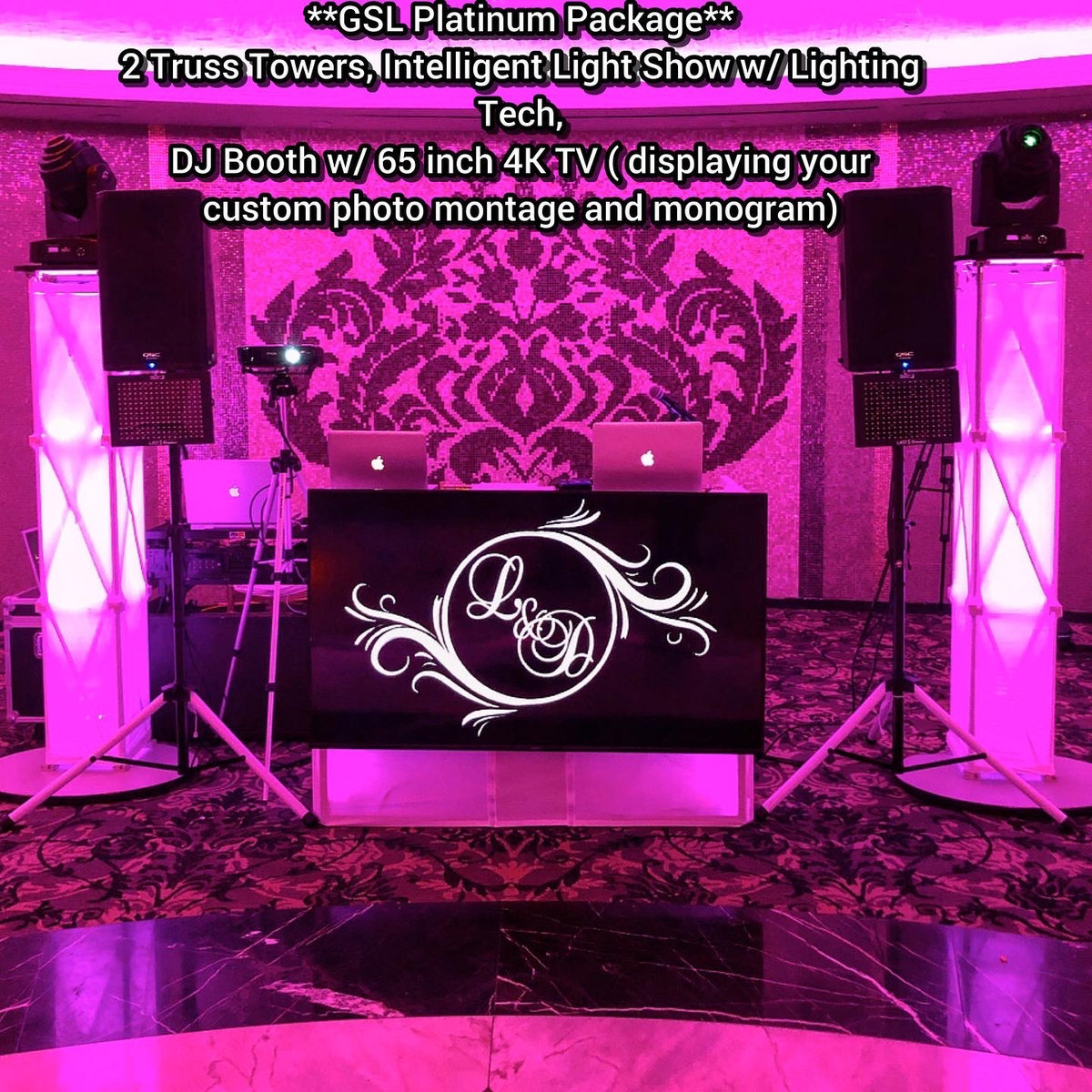 GSL Platinum Package booth with truss towers and intelligent lights